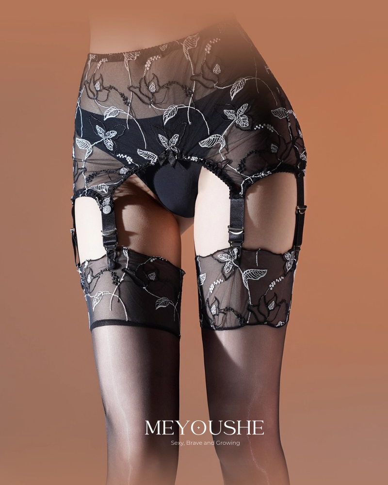 Livia – Aurora Embroidered Lace French Adjustable Garter Thigh-High Stockings | Romantic & Sexy