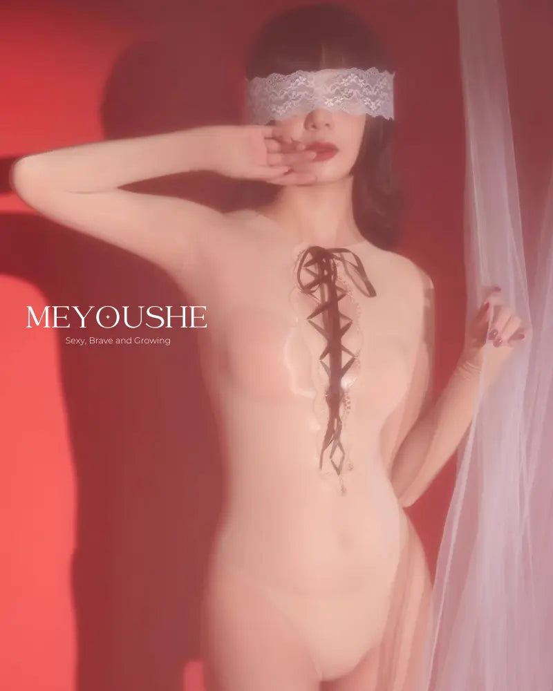 Nude Aurora Glossy Tie-Up Bodysuit with Adjustable Tie-Up on Model