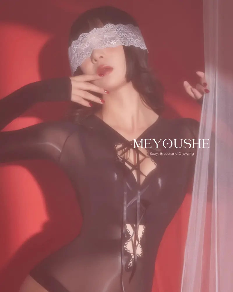 Model wearing Aurora Glossy Tie-Up Bodysuit in Black – Sexy, Stretchy & Comfortable