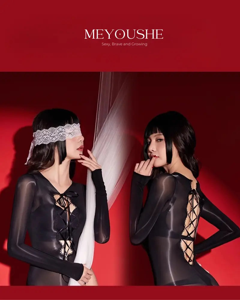 Aurora Glossy Tie-Up Bodysuit on Model, Black Color – High-Stretch & Comfortable Fit