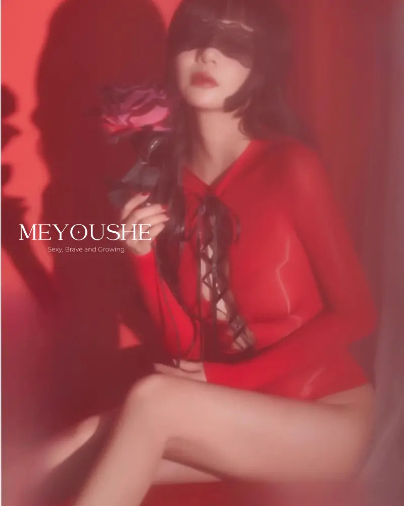 Model Wearing Red Aurora Glossy Tie-Up Bodysuit – Sexy Closed & Crotchless Options