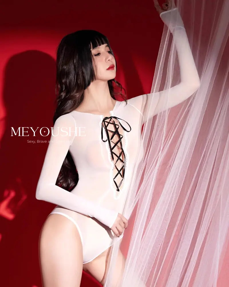 Aurora Glossy Tie-Up Bodysuit in White on Model – Flattering & Stretchy Fabric