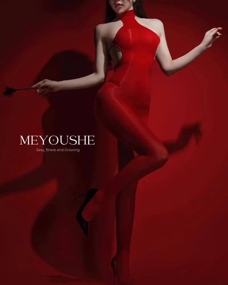 Azura halter neck iridescent minimalist one-piece bodysuit on model, showcasing Closed & Crotchless design