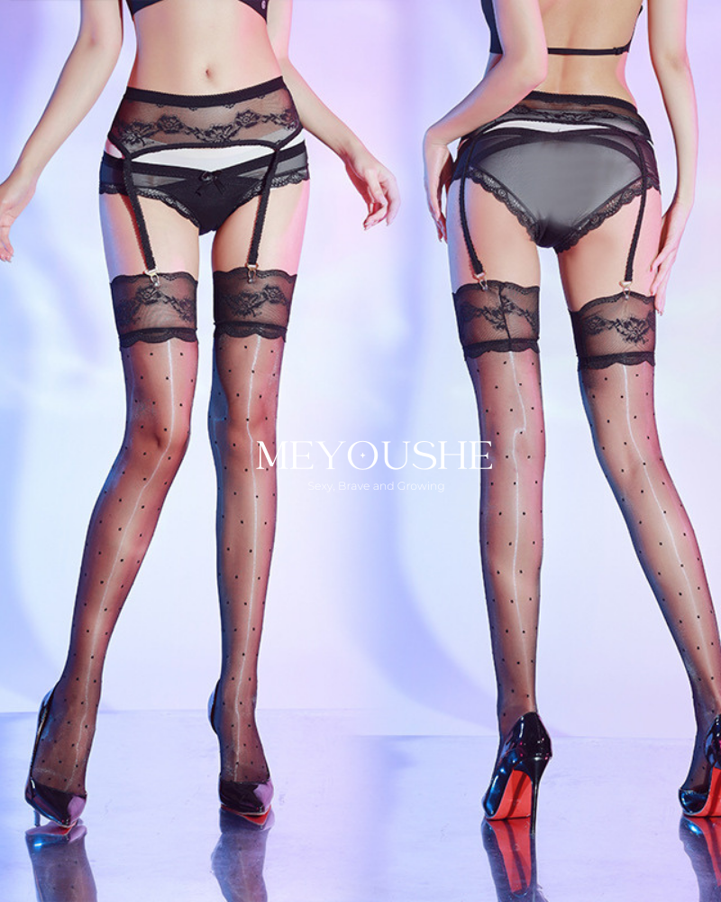 Camellia – Polka Dot Over-the-Knee Lace Iridescent Thigh-High Stockings MEYOUSHE