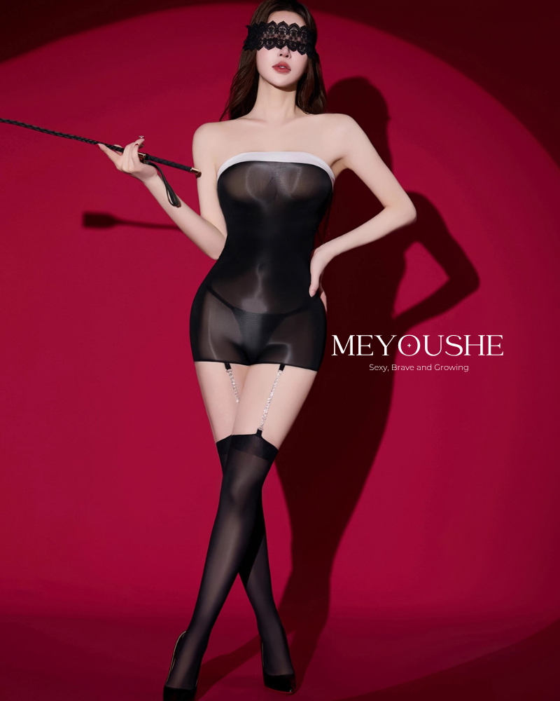 Claria – Black & White Christmas-Themed Bodysuit with Attached Thigh-High Stockings – Festive, Sexy & Comfortable