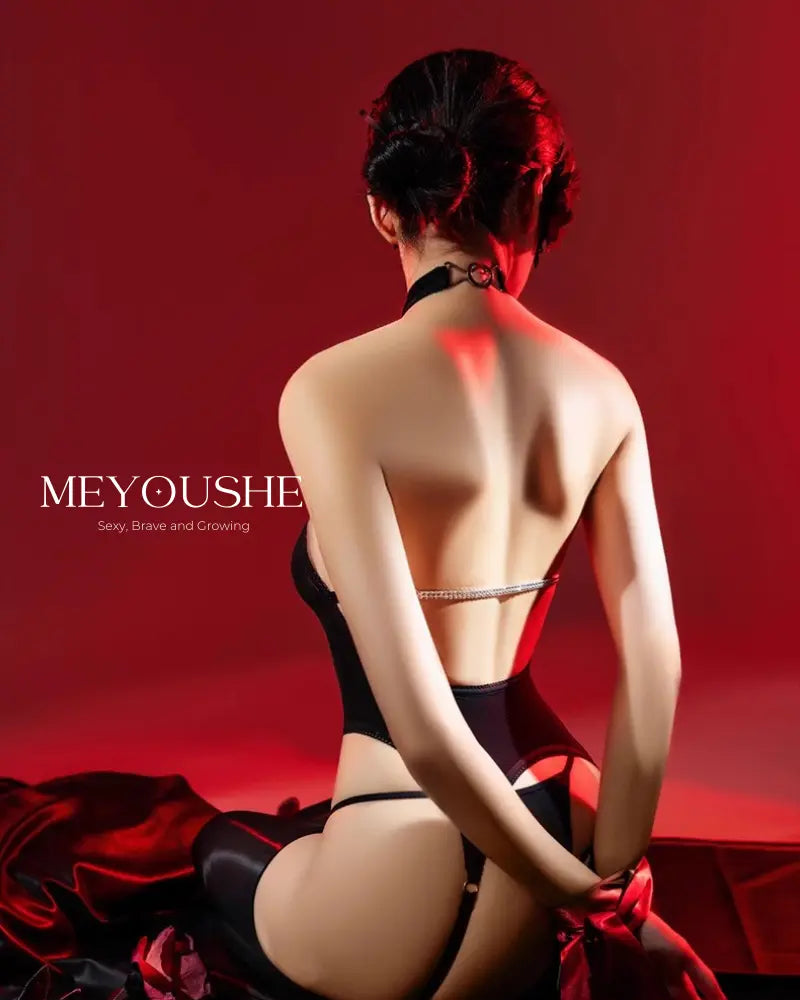 Elegant Elara rhinestone back iridescent bodysuit displayed on model, combining comfort and glamour