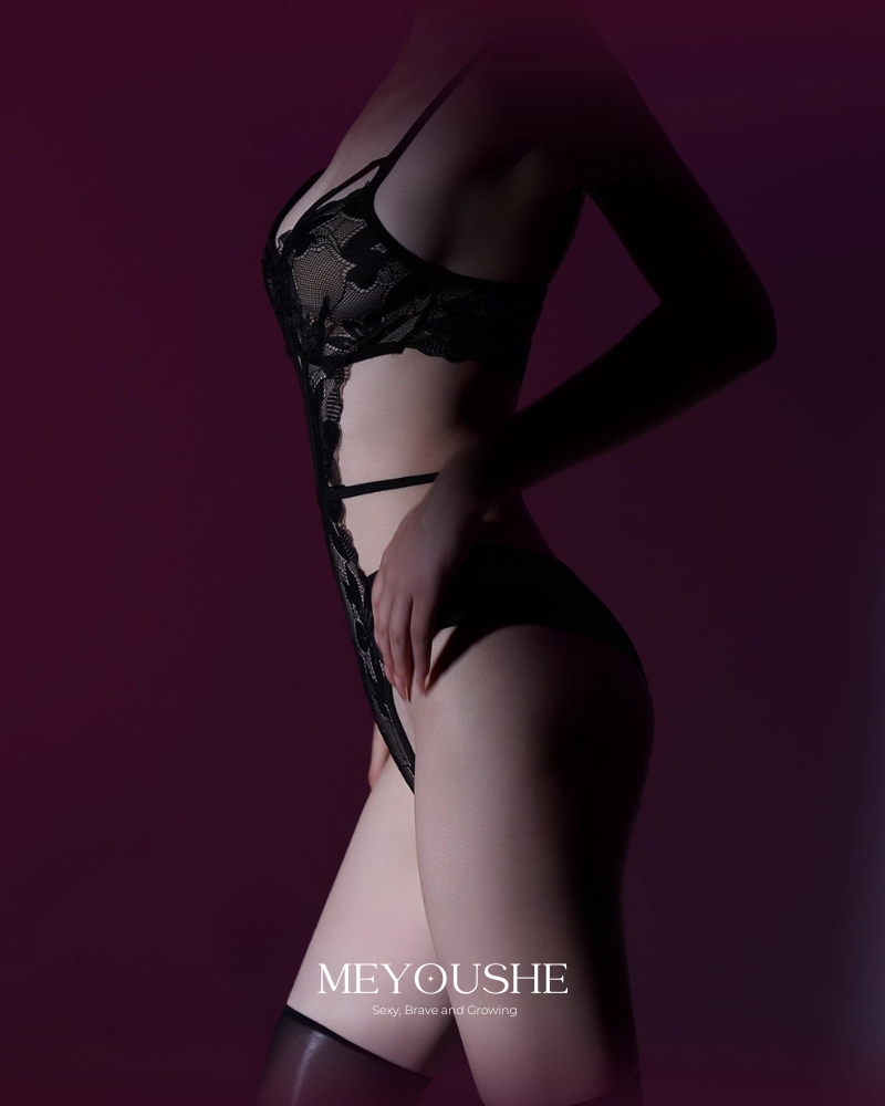 Éliane – 2-Piece Elegant Lace Tie-Detail Open-Crotch Bodysuit Set | Sheer, Soft & Feminine