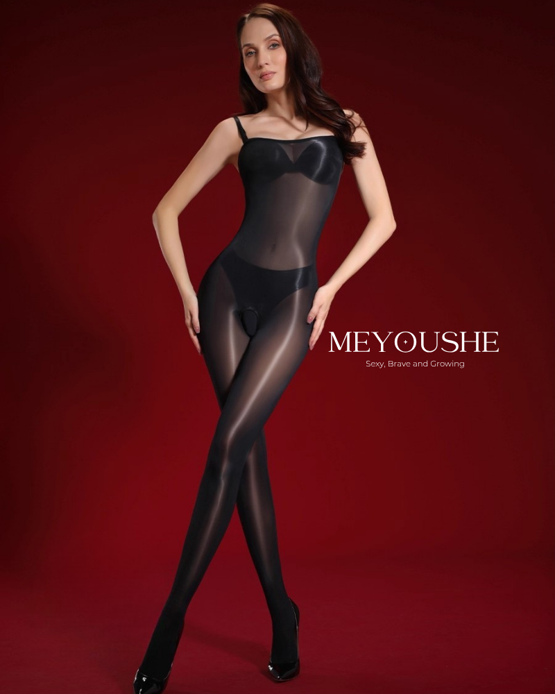 Evania – Black Luminous Glossy Open-Crotch Bodysuit with Leg-Lengthening Design – Sexy, Sleek & Comfortable