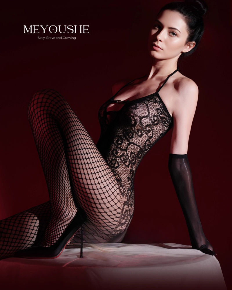 Jun – Cutout Fishnet Open-Crotch Full-Body Bodystocking | Sheer, Sculpting & Strappy