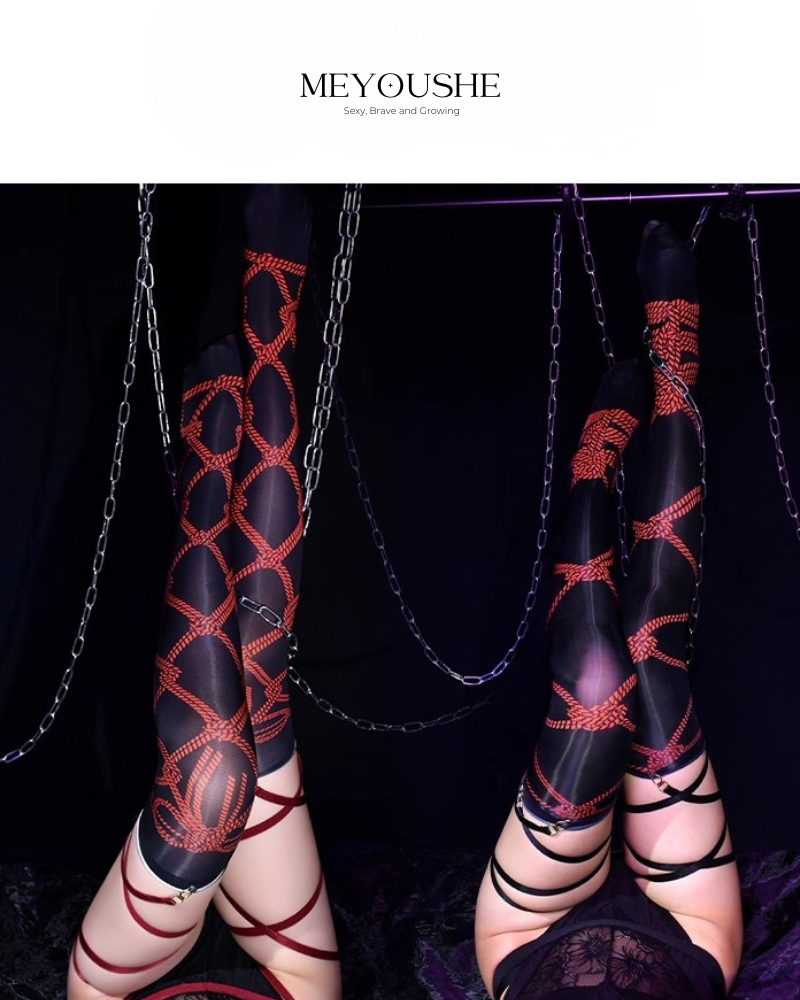 Nocturne – Glossy Black Thigh-High Stockings with Printed Design & Garter Straps | Silky & Seductive
