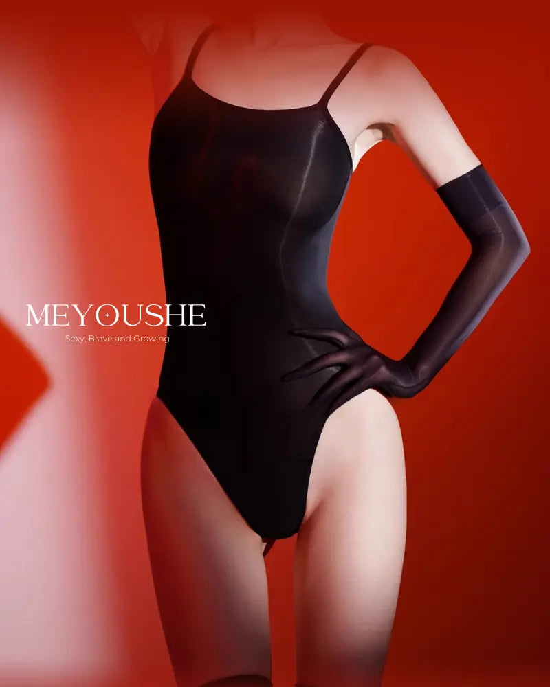 Noiré Spaghetti Strap Aurora Backless High-Cut Bodysuit worn by model, sexy and stretchy fit