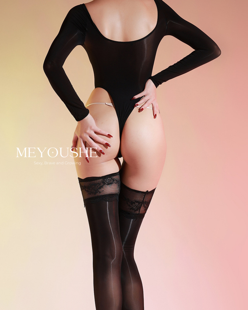 Nyxelle – Long Sleeve Lace High-Cut Iridescent Wet Look Bodysuit – Sexy, Stretchy & Comfortable MEYOUSHE