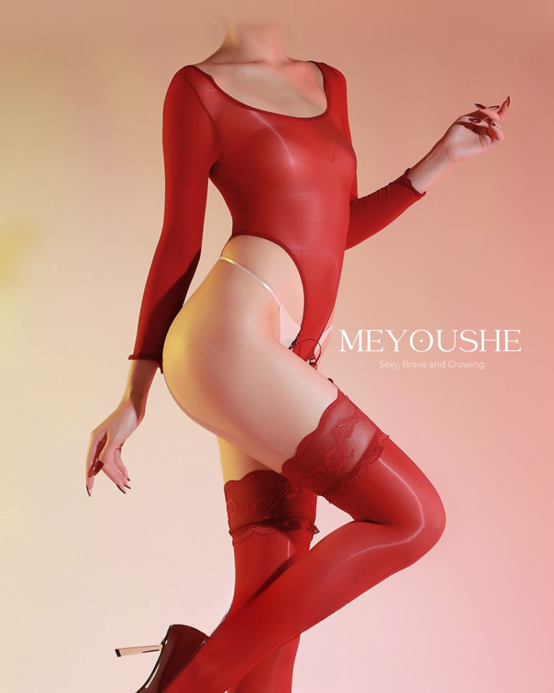Nyxelle – Long Sleeve Lace High-Cut Iridescent Wet Look Bodysuit – Sexy, Stretchy & Comfortable MEYOUSHE