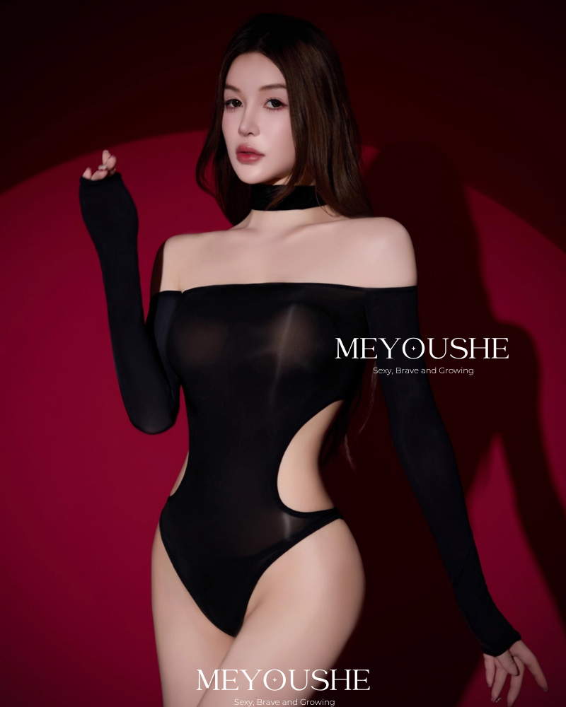 Selvia – Black Glossy Shoulderless Bodysuit – Bold, Sexy & Comfortable