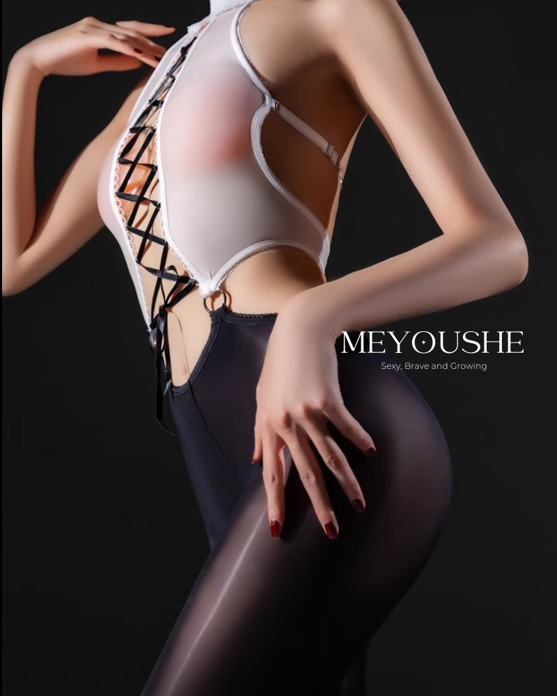 Seraphina – Cross Tie Glossy One-Piece Bodysuit – Sexy, Stretchy & Comfortable | Closed & Crotchless MEYOUSHE