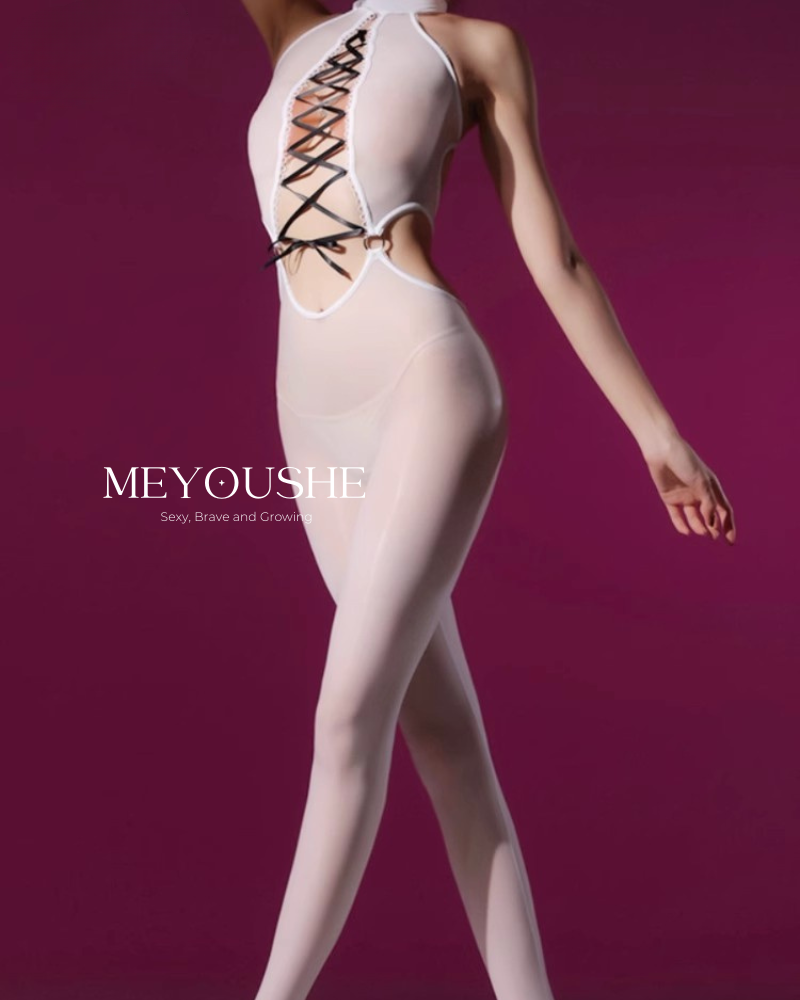 Seraphina – Cross Tie Glossy One-Piece Bodysuit – Sexy, Stretchy & Comfortable | Closed & Crotchless MEYOUSHE