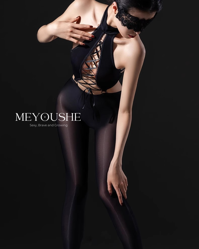 Seraphina – Cross Tie Glossy One-Piece Bodysuit – Sexy, Stretchy & Comfortable | Closed & Crotchless MEYOUSHE