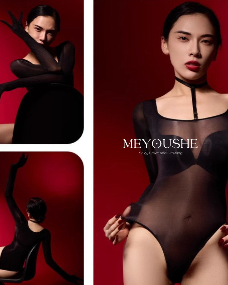 Female model showcasing Solara sexy glossy bodysuit for intimate moments and boudoir styling