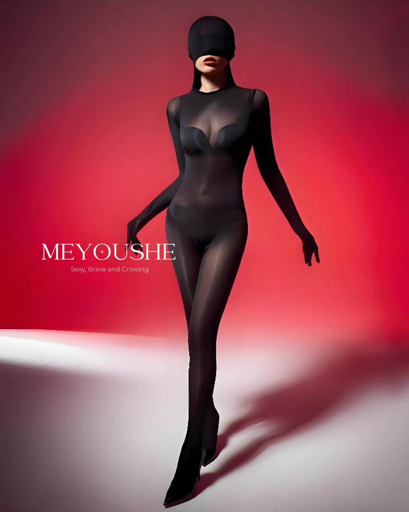 Zyphira full coverage five-finger glossy bodysuit on model, highlighting wet look finish